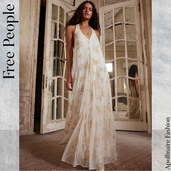 FREE PEOPLE EMBROIDERED CONVERTIBLE OFF SHOULDER MAXI DRESS NEW LARGE STUNNING - Picture 3 of 7